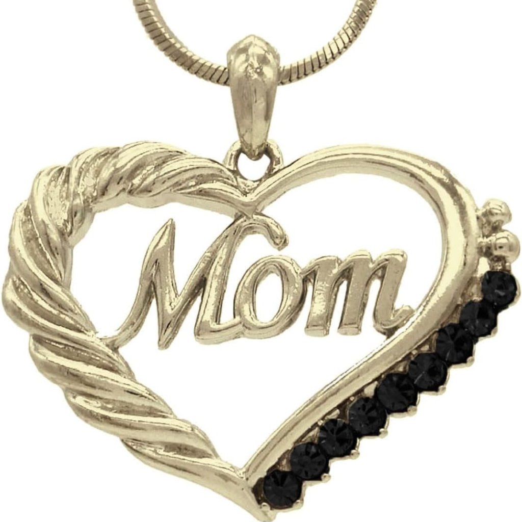 Mom Heart Pendant Necklace Black Birthstone Gold Tone Mother’s Day Gift